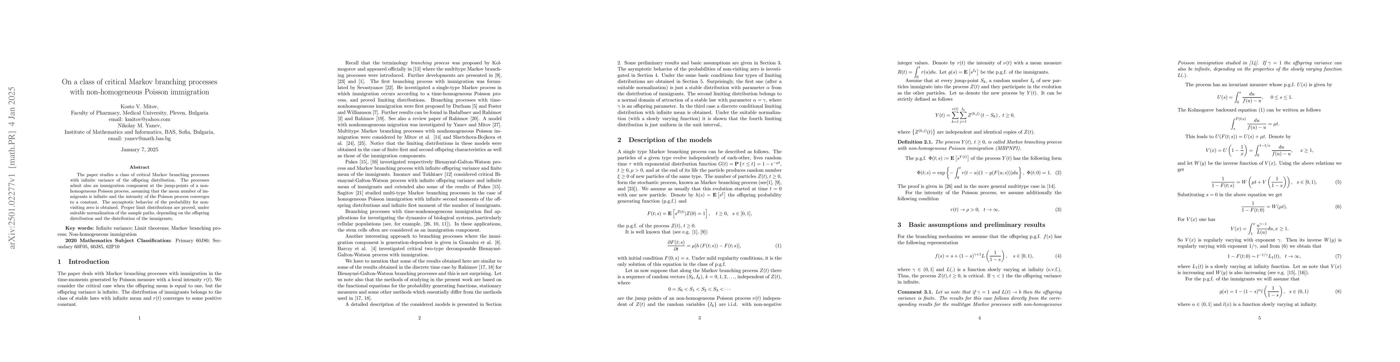 Thumbnail for On a class of critical Markov branching processes with non-homogeneous
  Poisson immigration