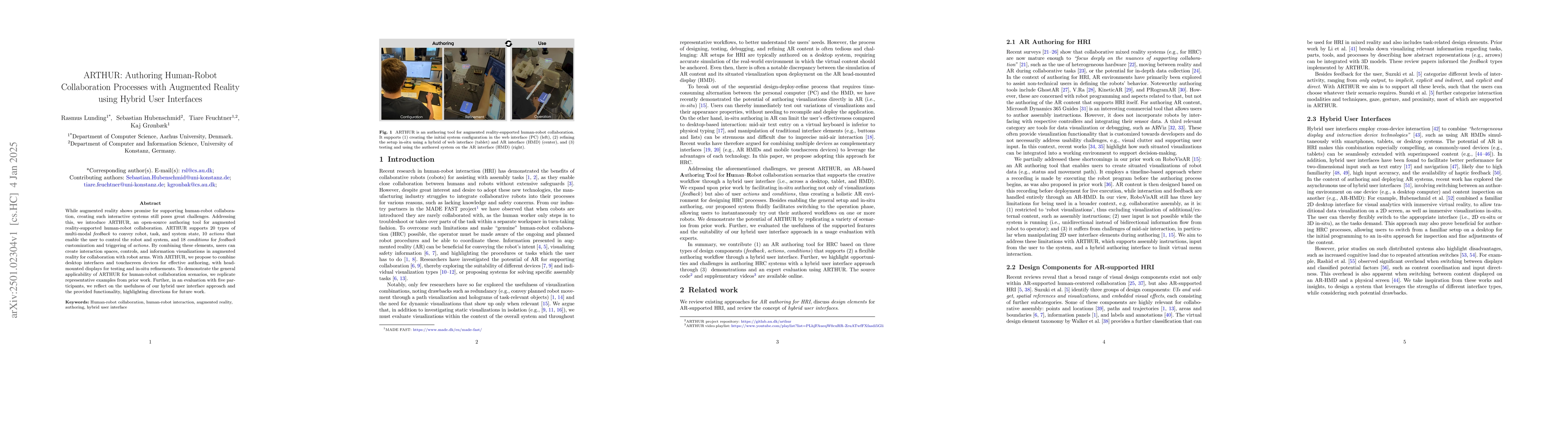 Thumbnail for ARTHUR: Authoring Human-Robot Collaboration Processes with Augmented
  Reality using Hybrid User Interfaces