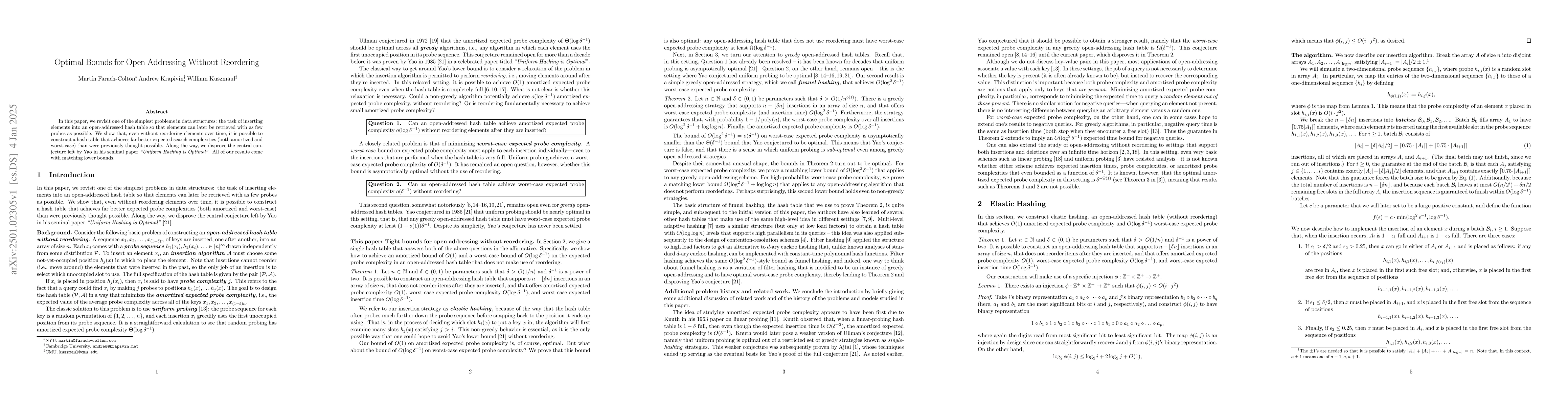 Thumbnail for Optimal Bounds for Open Addressing Without Reordering