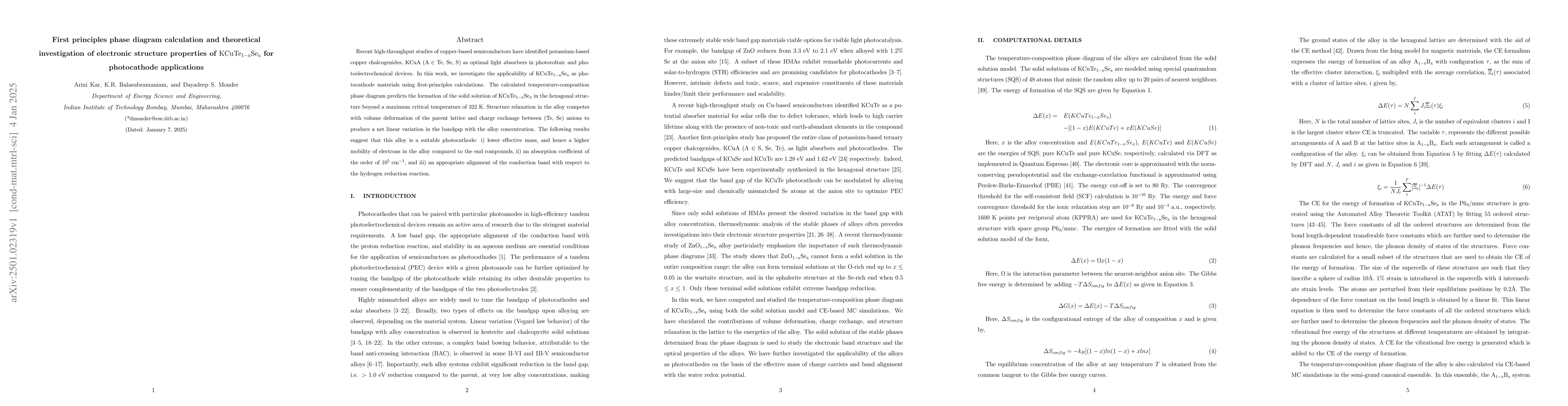 Thumbnail for First principles phase diagram calculation and theoretical investigation
  of electronic structure properties of $\mathrm{KCuTe_{1-x}Se_{x}}$ for
  photocathode applications