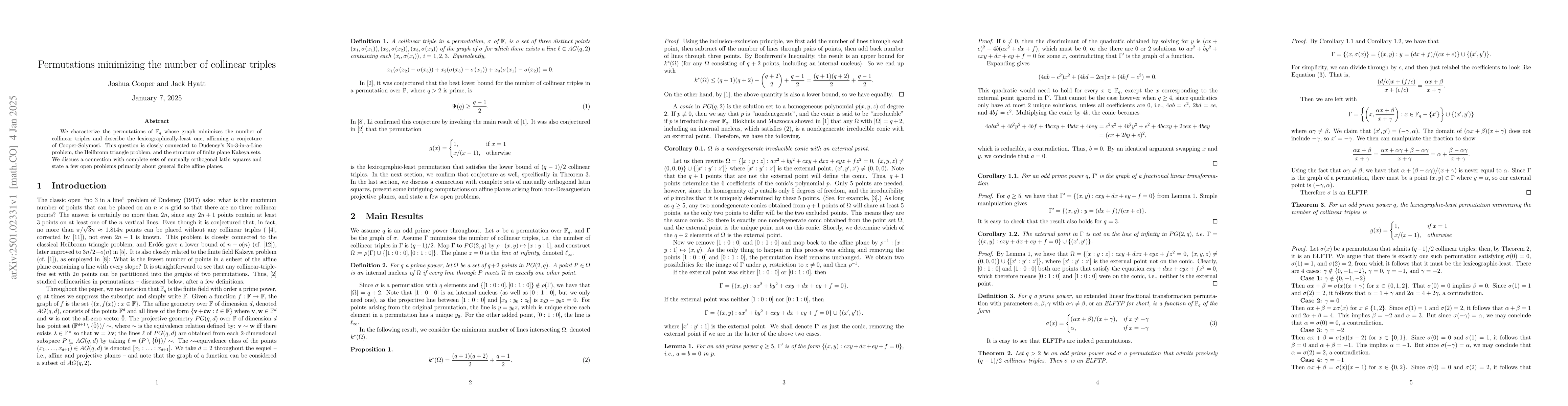 Thumbnail for Permutations minimizing the number of collinear triples