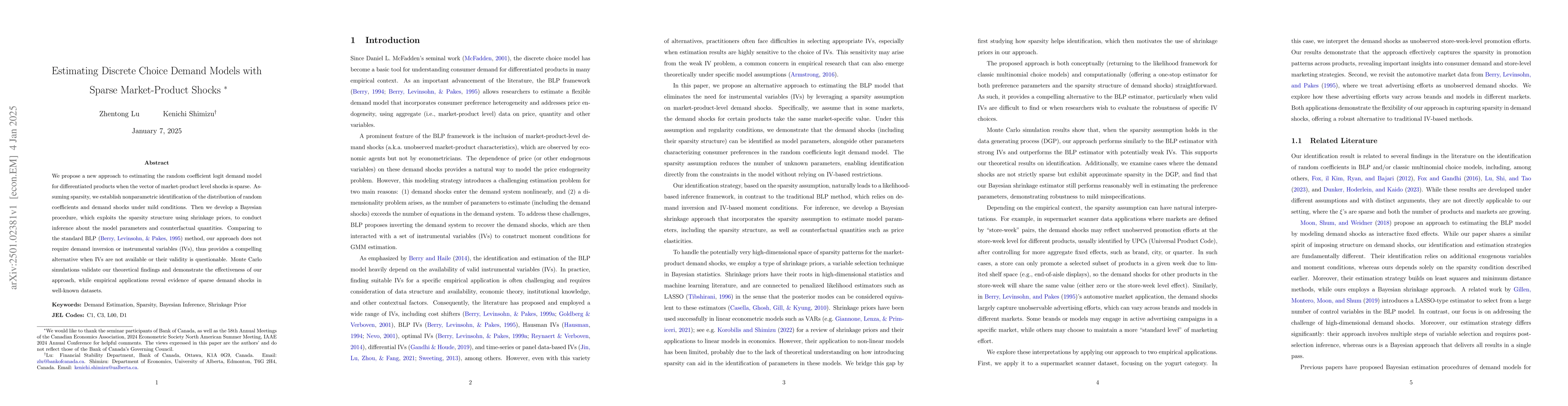 Thumbnail for Estimating Discrete Choice Demand Models with Sparse Market-Product
  Shocks