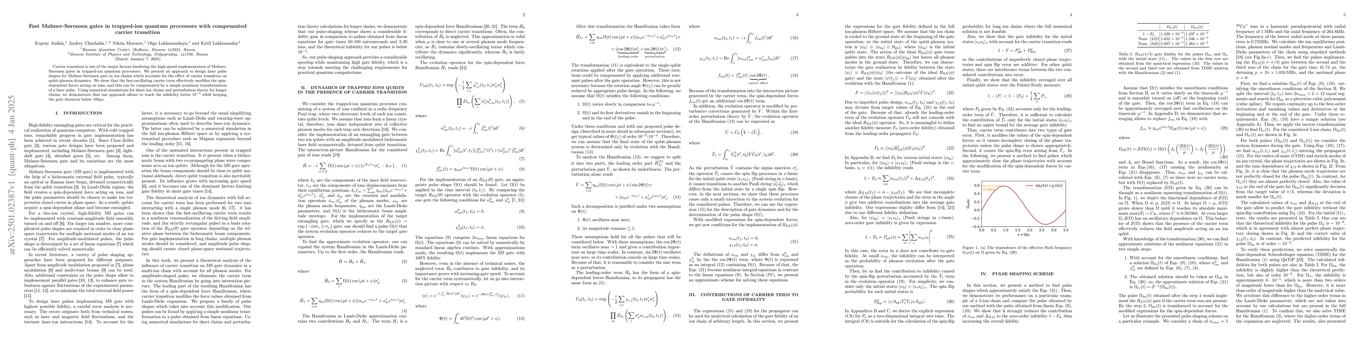 Thumbnail for Fast Mølmer-Sørensen gates in trapped-ion quantum processors with
  compensated carrier transition