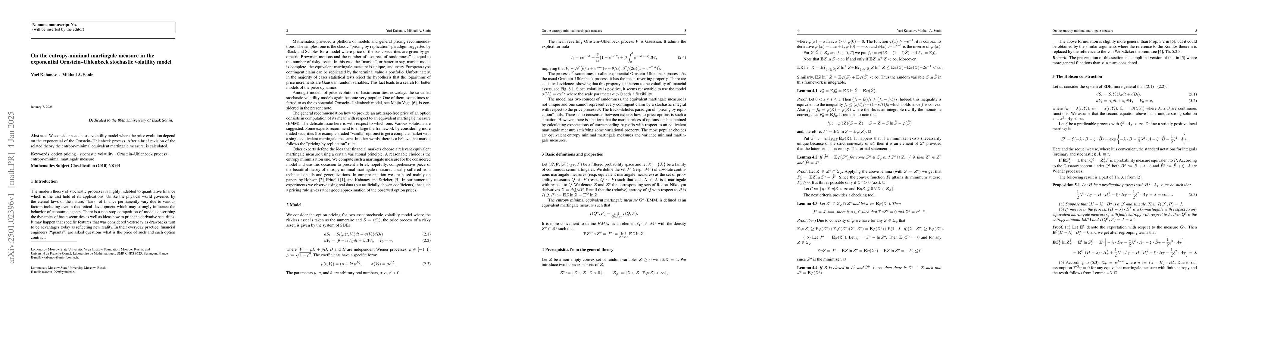 Thumbnail for On the entropy minimal martingale measure in the exponential
  Ornstein-Uhlenbeck stochastic volatility model