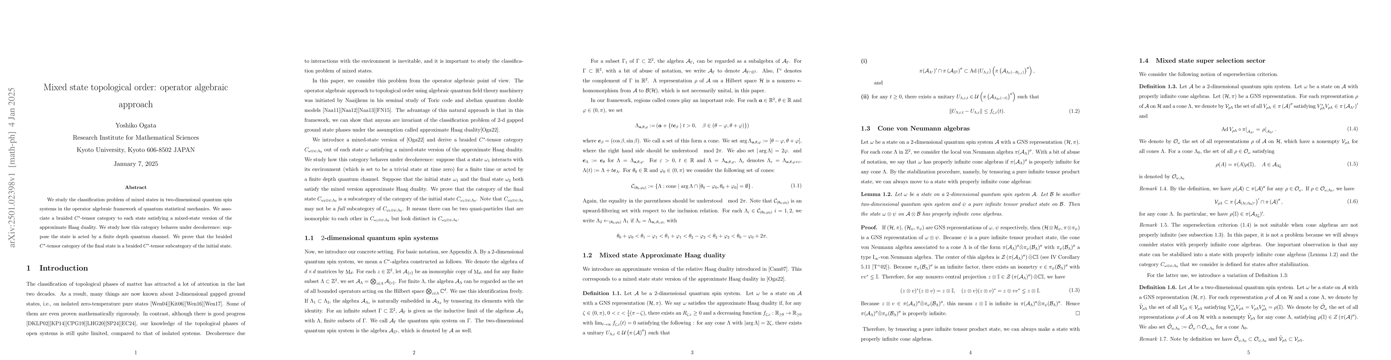 Thumbnail for Mixed state topological order: operator algebraic approach