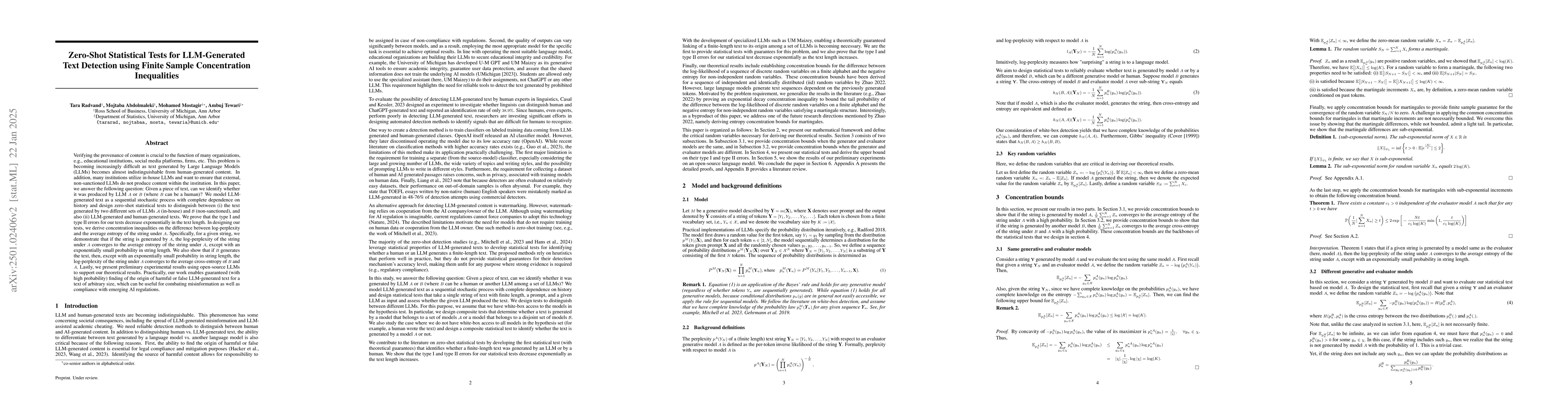 Thumbnail for Who Wrote This? Zero-Shot Statistical Tests for LLM-Generated Text
  Detection using Finite Sample Concentration Inequalities