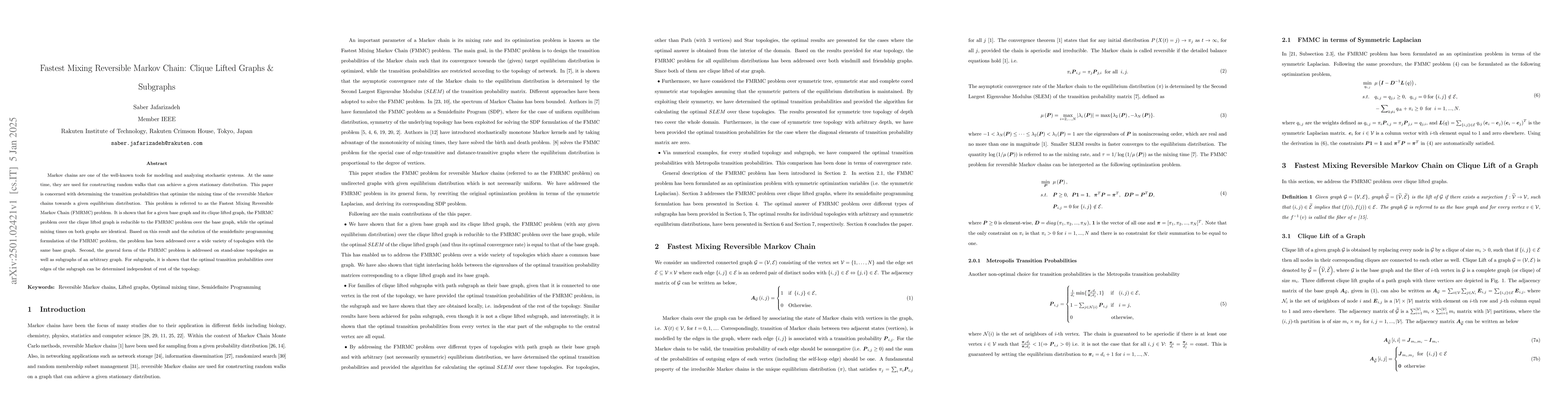 Thumbnail for Fastest Mixing Reversible Markov Chain: Clique Lifted Graphs and
  Subgraphs