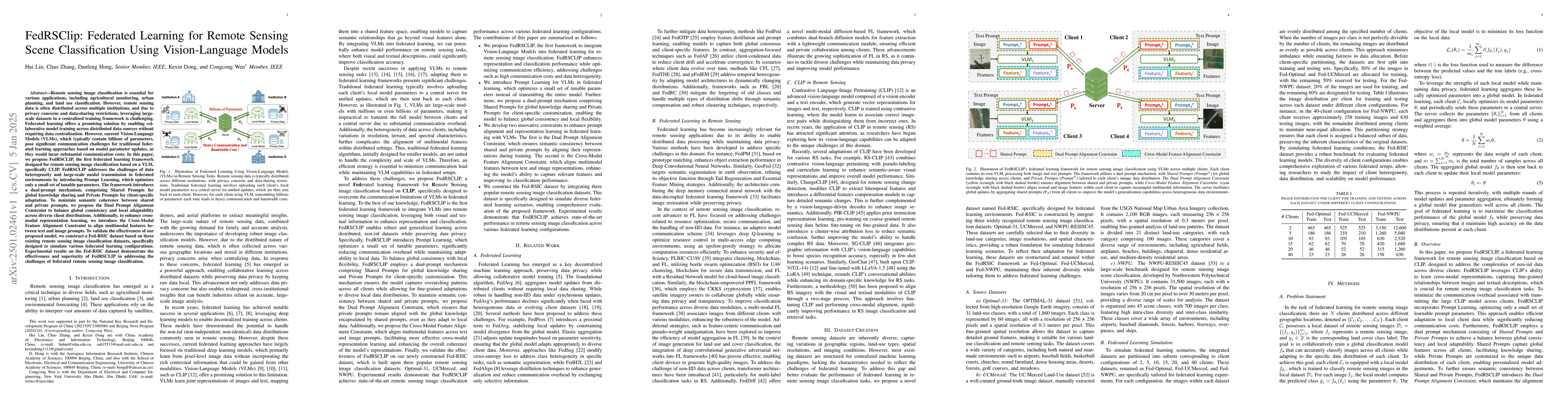 Thumbnail for FedRSClip: Federated Learning for Remote Sensing Scene Classification
  Using Vision-Language Models