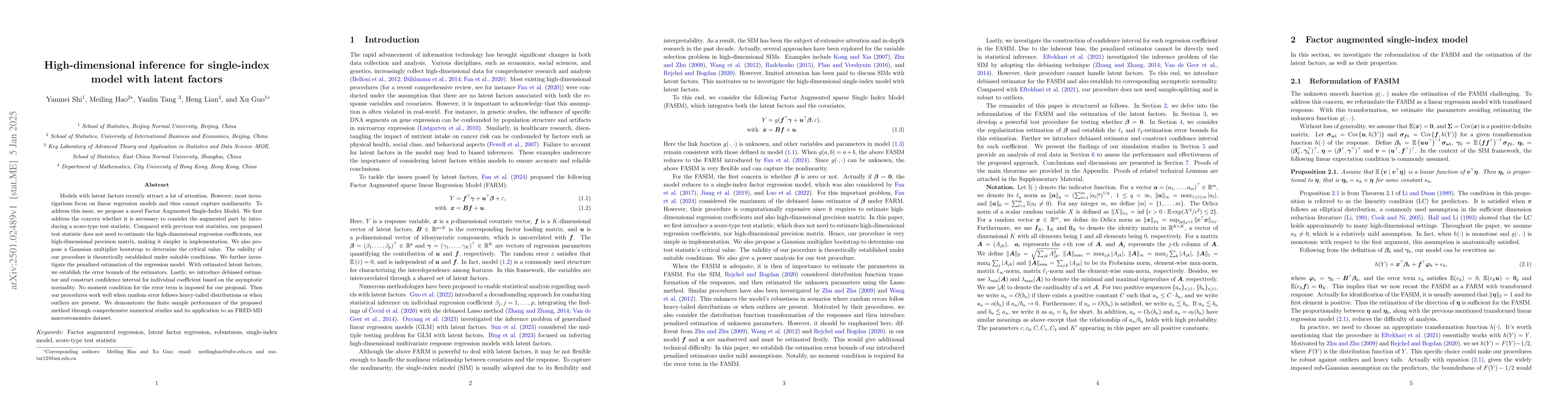 Thumbnail for High-dimensional inference for single-index model with latent factors