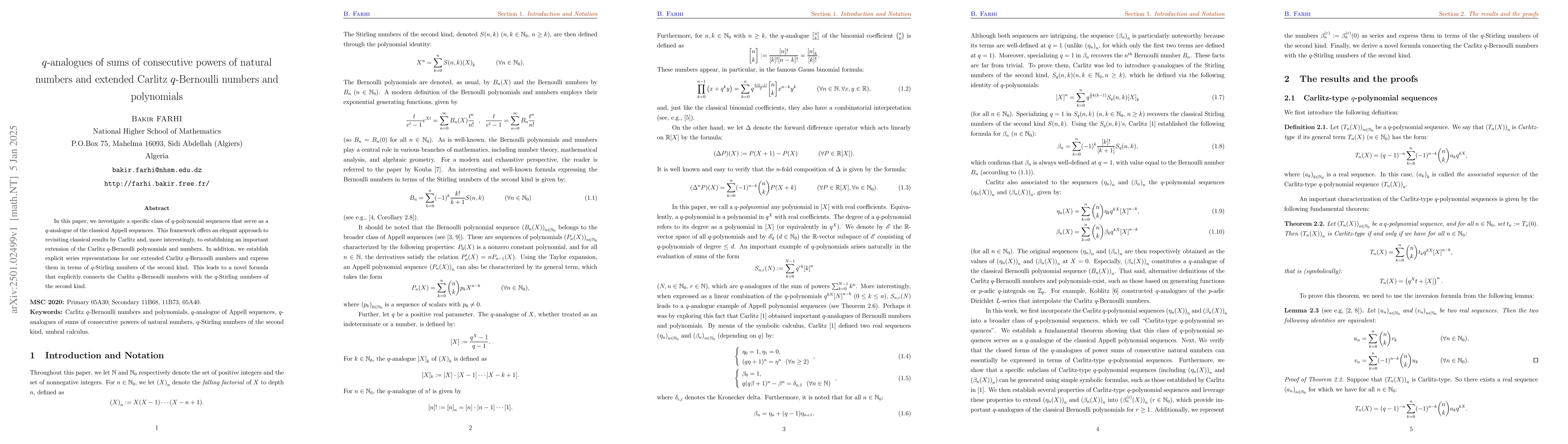 Thumbnail for $q$-analogues of sums of consecutive powers of natural numbers and
  extended Carlitz $q$-Bernoulli numbers and polynomials