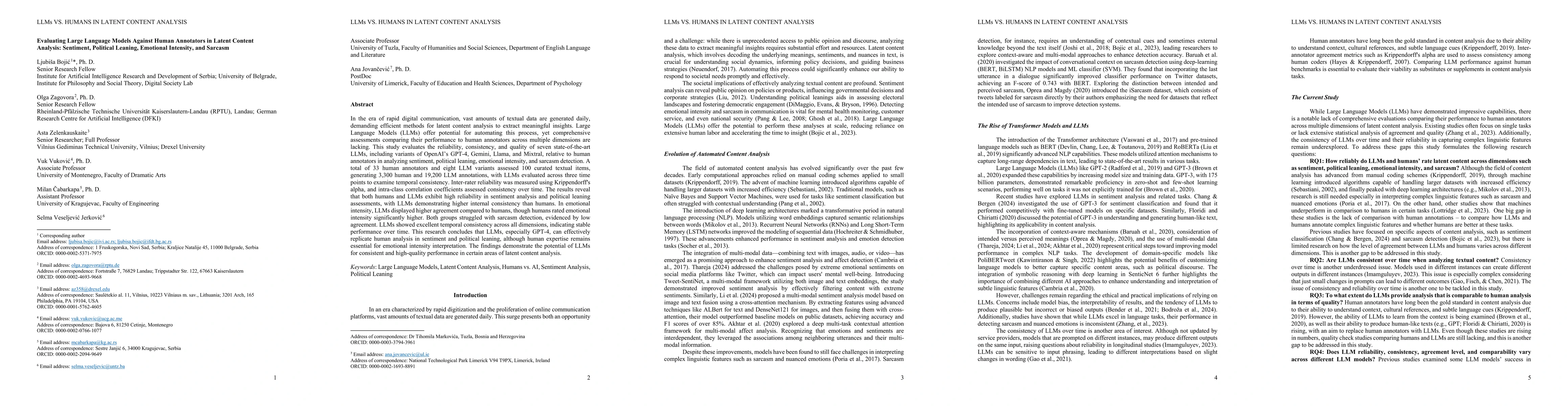 Thumbnail for Evaluating Large Language Models Against Human Annotators in Latent
  Content Analysis: Sentiment, Political Leaning, Emotional Intensity, and
  Sarcasm
