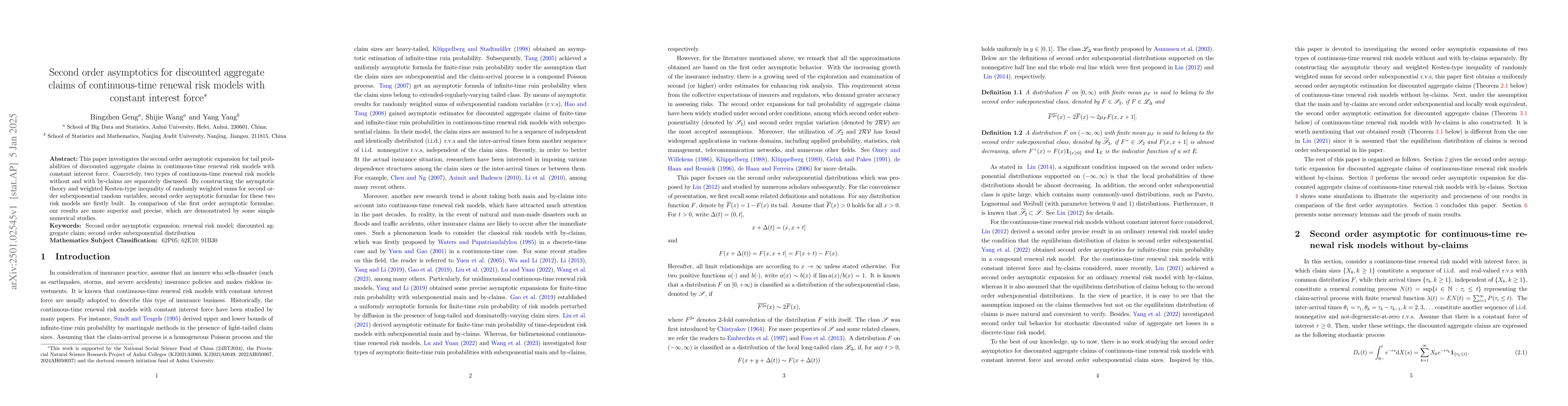 Thumbnail for Second order asymptotics for discounted aggregate claims of
  continuous-time renewal risk models with constant interest force