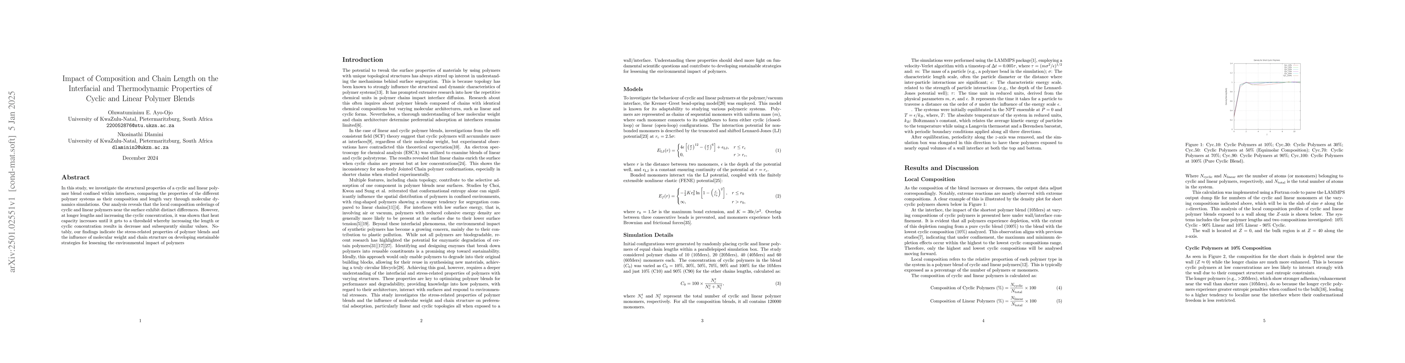 Thumbnail for Impact of Composition and Chain Length on the Interfacial and
  Thermodynamic Properties of Cyclic and Linear Polymer Blends