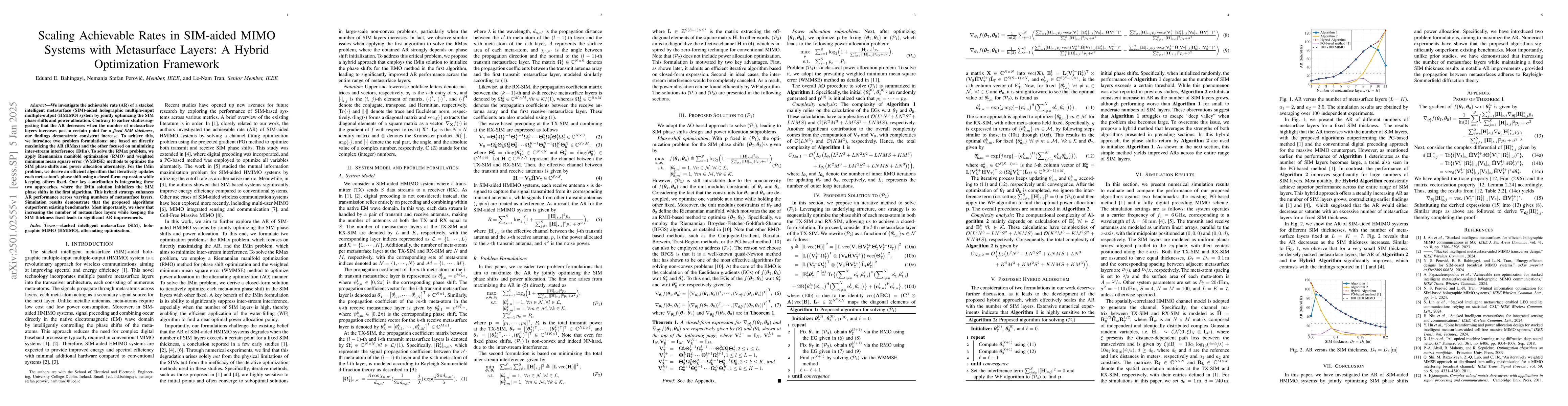 Thumbnail for Scaling Achievable Rates in SIM-aided MIMO Systems with Metasurface
  Layers: A Hybrid Optimization Framework