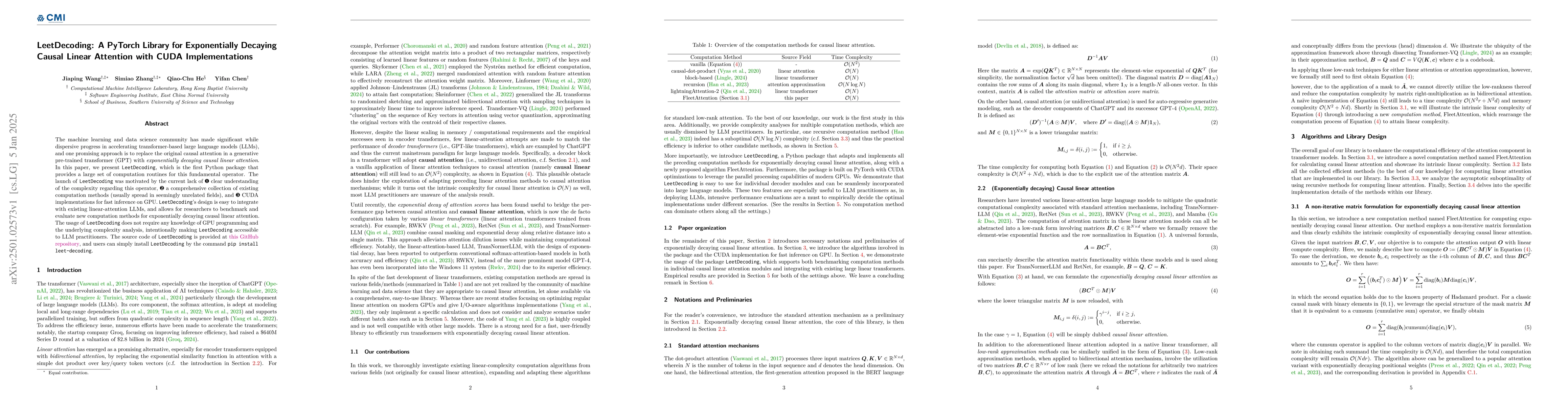 Thumbnail for LeetDecoding: A PyTorch Library for Exponentially Decaying Causal Linear
  Attention with CUDA Implementations