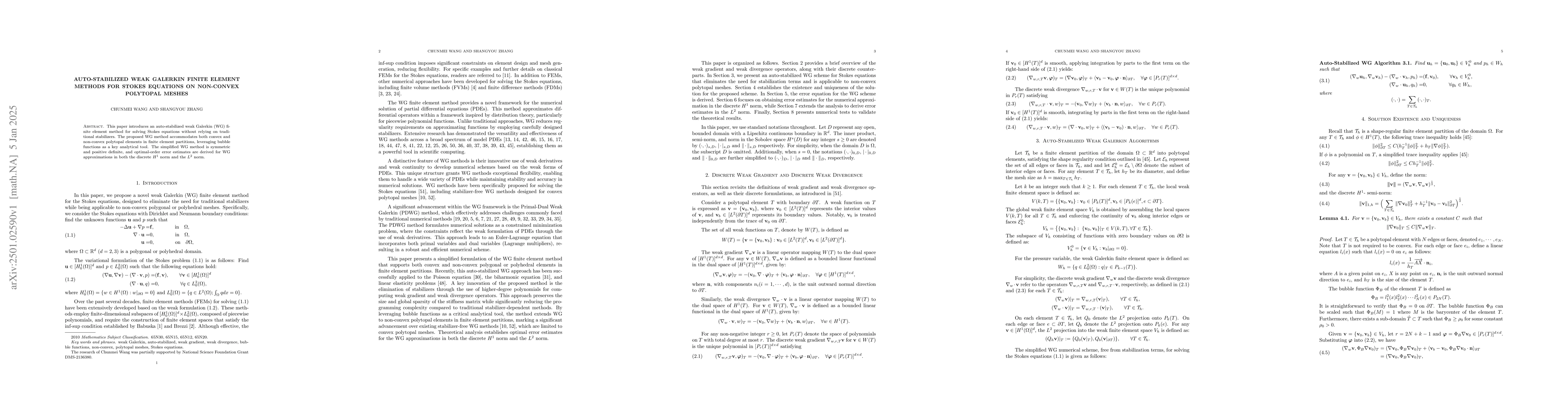Thumbnail for Auto-Stabilized Weak Galerkin Finite Element Methods for Stokes
  Equations on Non-Convex Polytopal Meshes