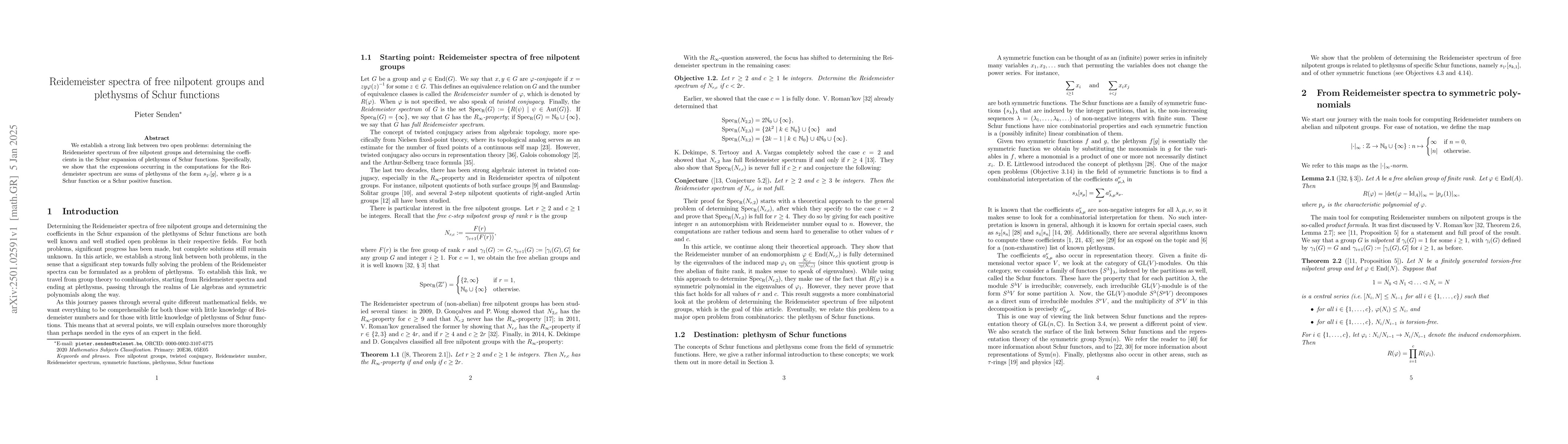 Thumbnail for Reidemeister spectra of free nilpotent groups and plethysms of Schur
  functions