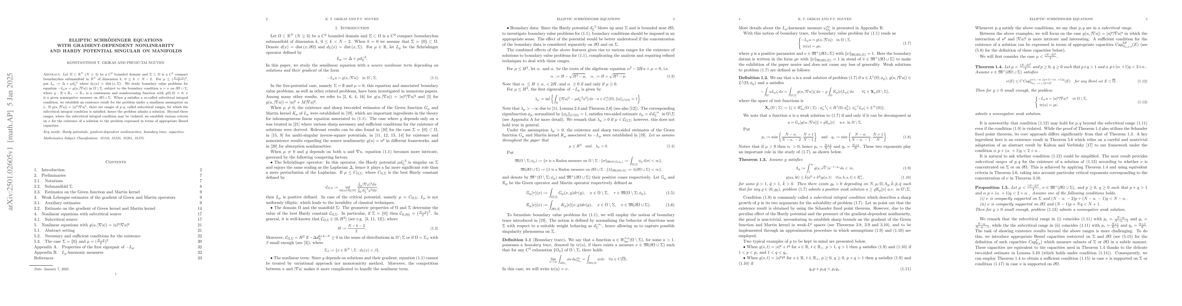 Thumbnail for Elliptic Schrödinger equations with gradient-dependent nonlinearity
  and Hardy potential singular on manifolds