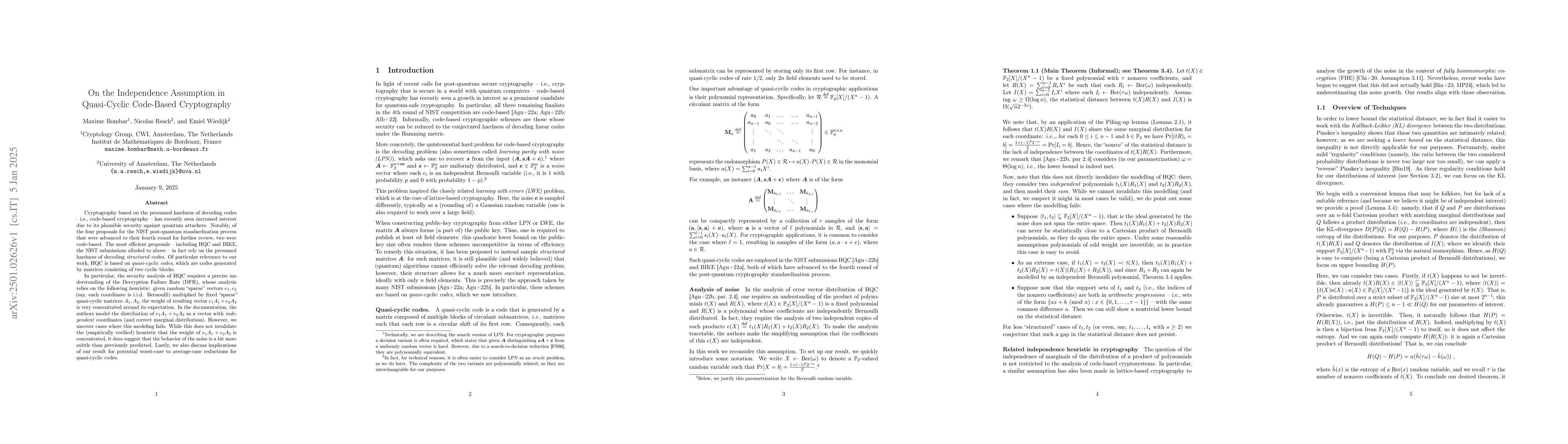 Thumbnail for On the Independence Assumption in Quasi-Cyclic Code-Based Cryptography