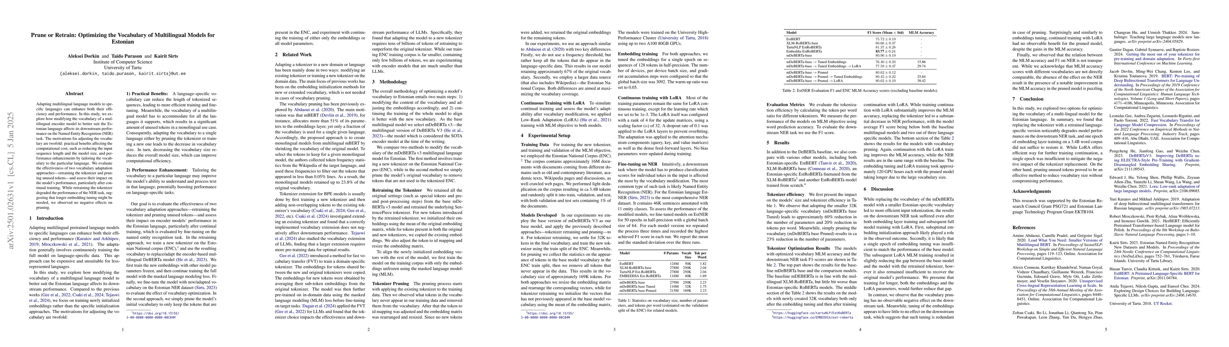 Thumbnail for Prune or Retrain: Optimizing the Vocabulary of Multilingual Models for
  Estonian
