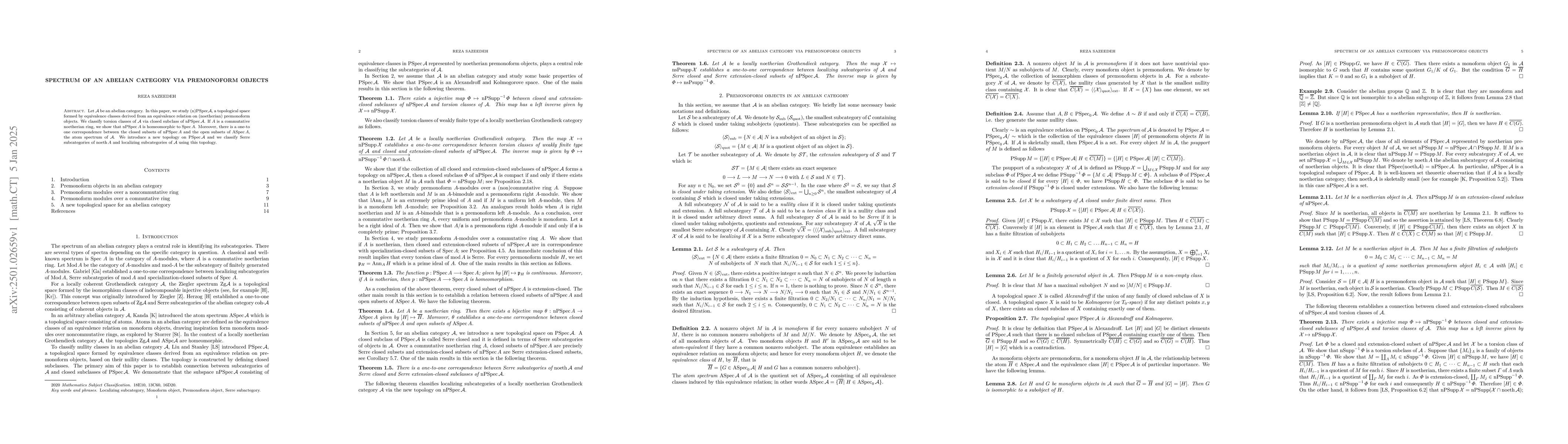 Thumbnail for Spectrum of an abelian category via premonoform objects