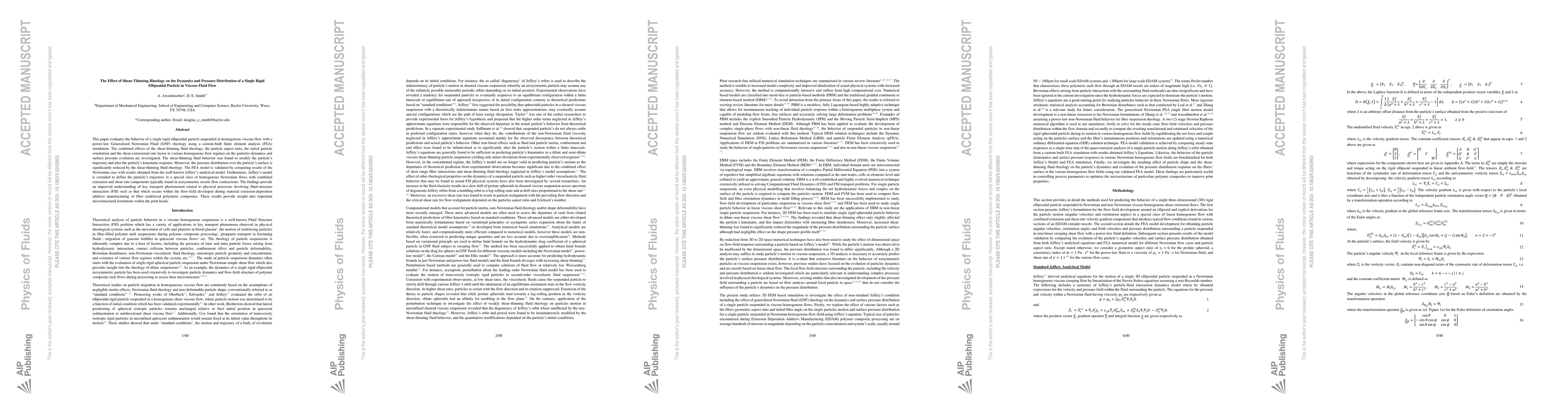 Thumbnail for The Effect of Shear-Thinning Rheology on the Dynamics and Pressure
  Distribution of a Single Rigid Ellipsoidal Particle in Viscous Fluid Flow