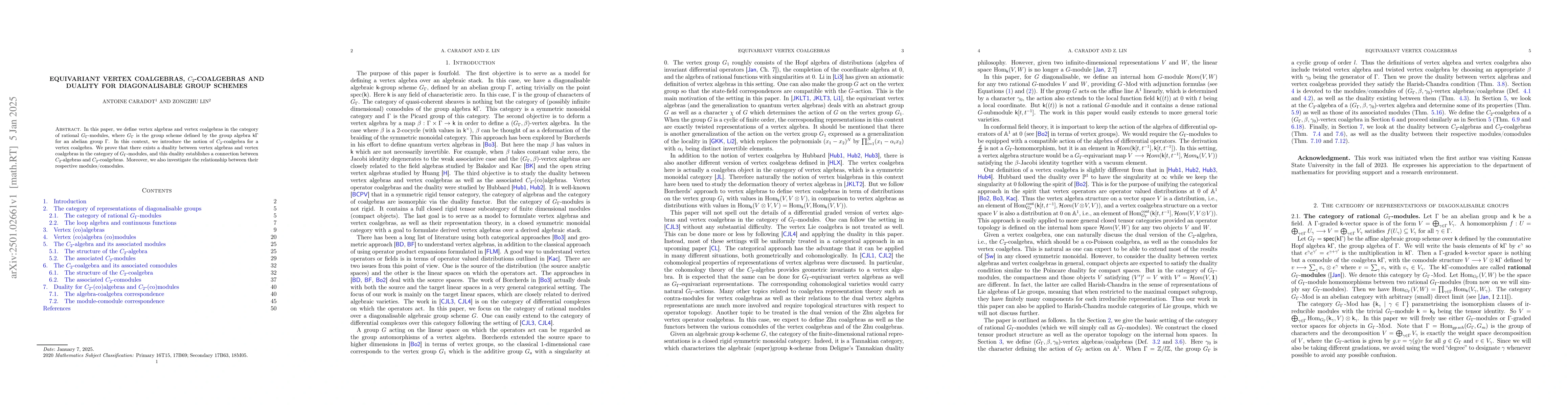 Thumbnail for Equivariant vertex coalgebras, $C_2$-coalgebras and duality for
  diagonalisable group schemes