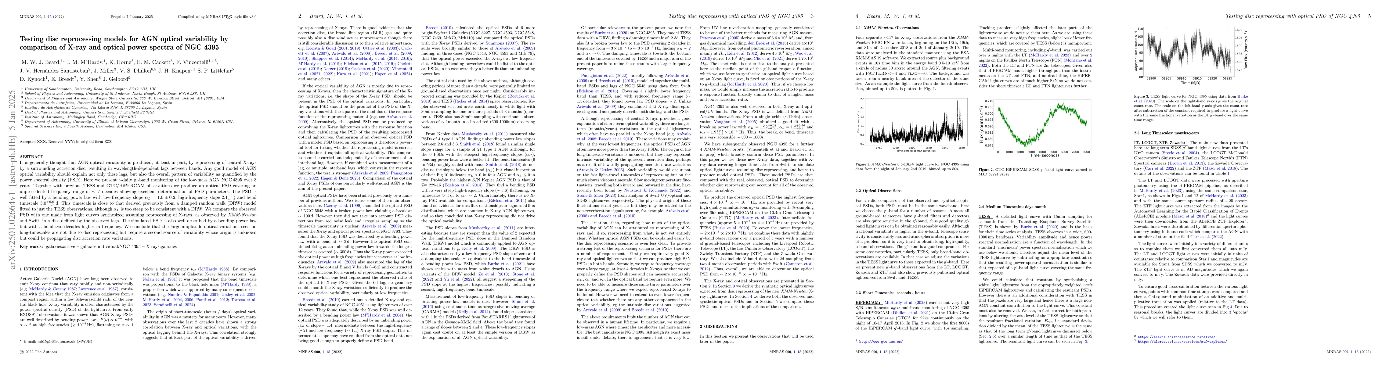 Thumbnail for Testing disc reprocessing models for AGN optical variability by
  comparison of X-ray and optical power spectra of NGC 4395