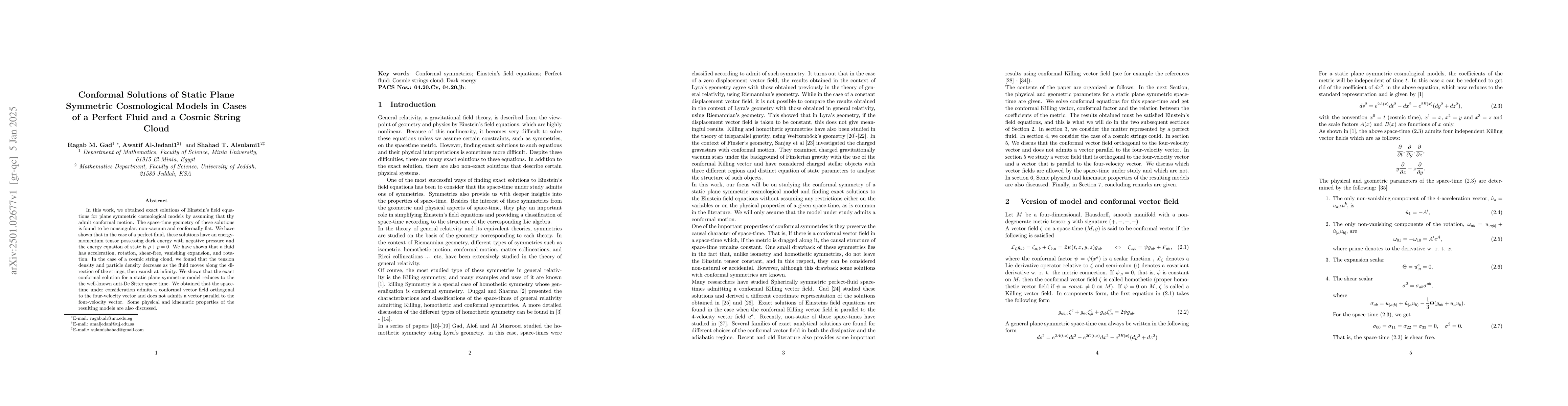 Thumbnail for Conformal Solutions of Static Plane Symmetric Cosmological Models in
  Cases of a Perfect Fluid and a Cosmic String Cloud