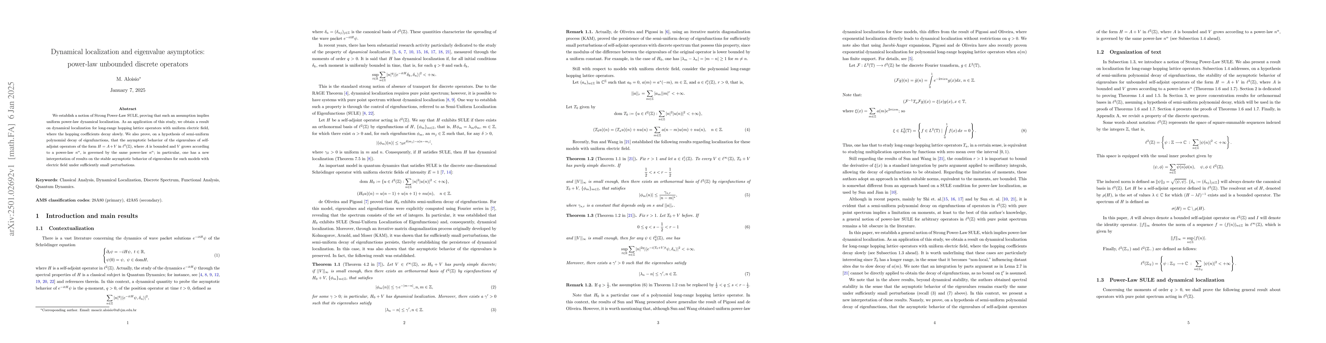 Thumbnail for Dynamical localization and eigenvalue asymptotics: power-law unbounded
  discrete operators