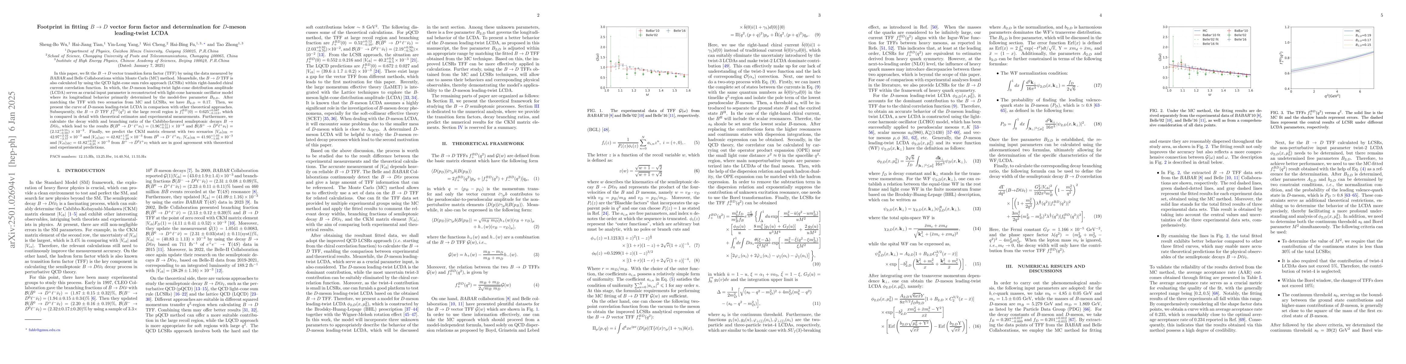 Thumbnail for Footprint in fitting $B\to D$ vector form factor and determination for
  $D$-meson leading-twist LCDA