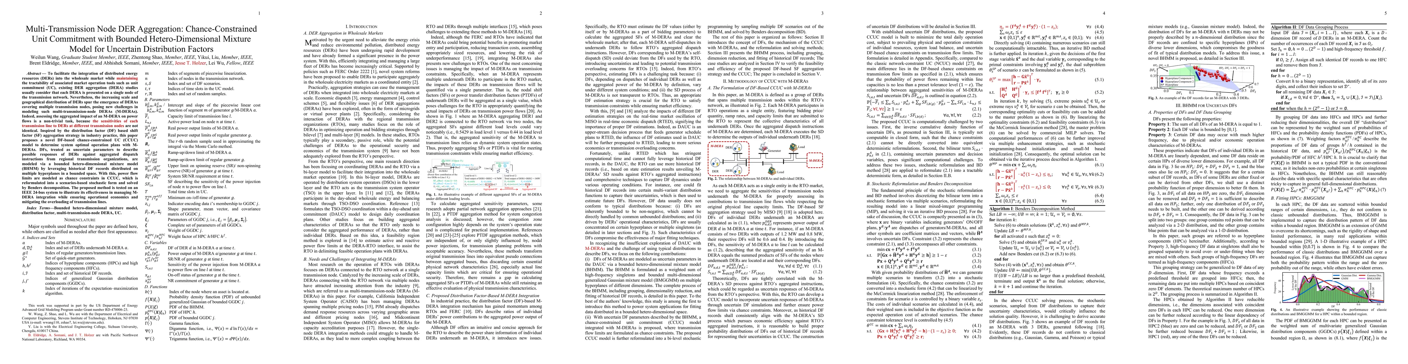 Thumbnail for Multi-Transmission Node DER Aggregation: Chance-Constrained Unit
  Commitment with Bounded Hetero-Dimensional Mixture Model for Uncertain
  Distribution Factors