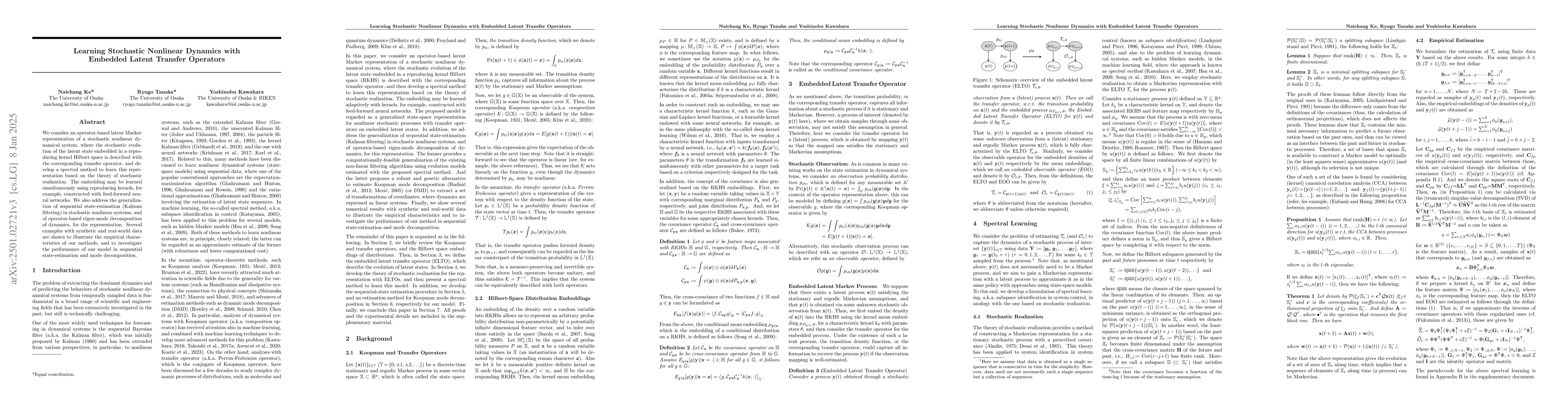 Thumbnail for Learning Stochastic Nonlinear Dynamics with Embedded Latent Transfer
  Operators