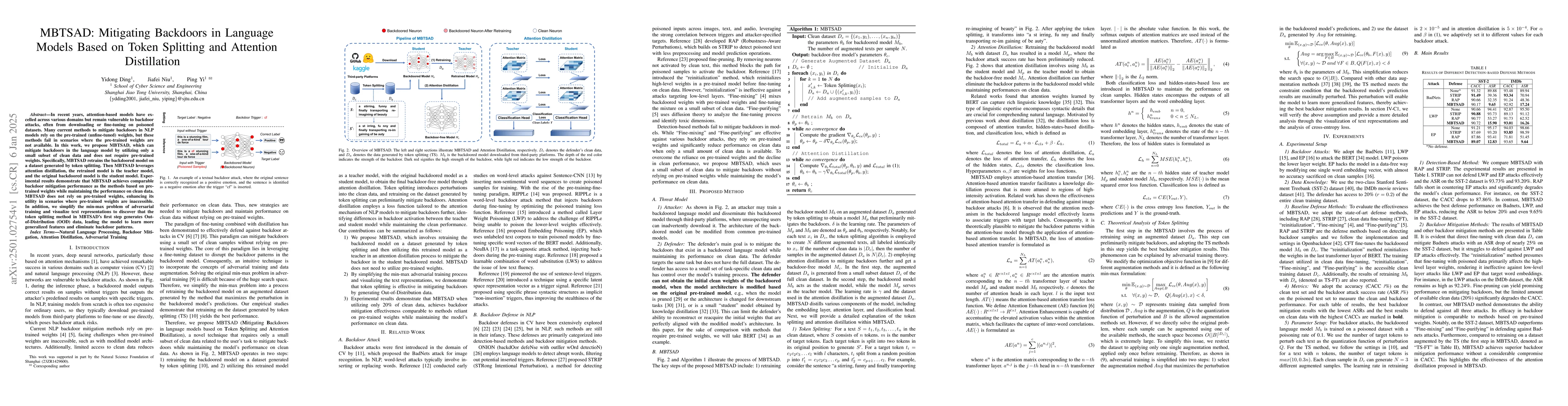 Thumbnail for MBTSAD: Mitigating Backdoors in Language Models Based on Token Splitting
  and Attention Distillation