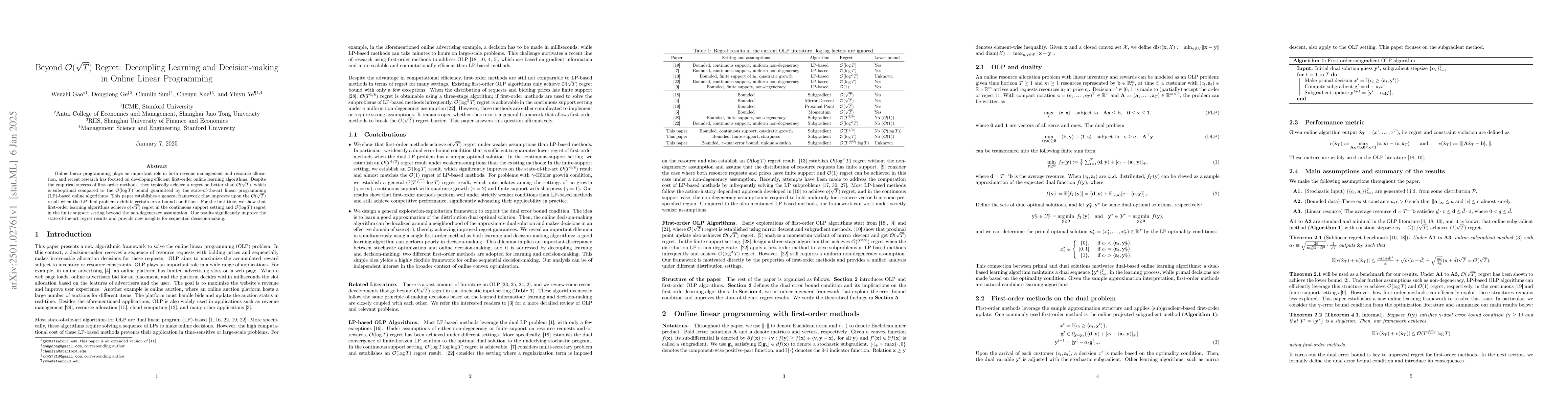 Thumbnail for Beyond $\mathcal{O}(\sqrt{T})$ Regret: Decoupling Learning and
  Decision-making in Online Linear Programming