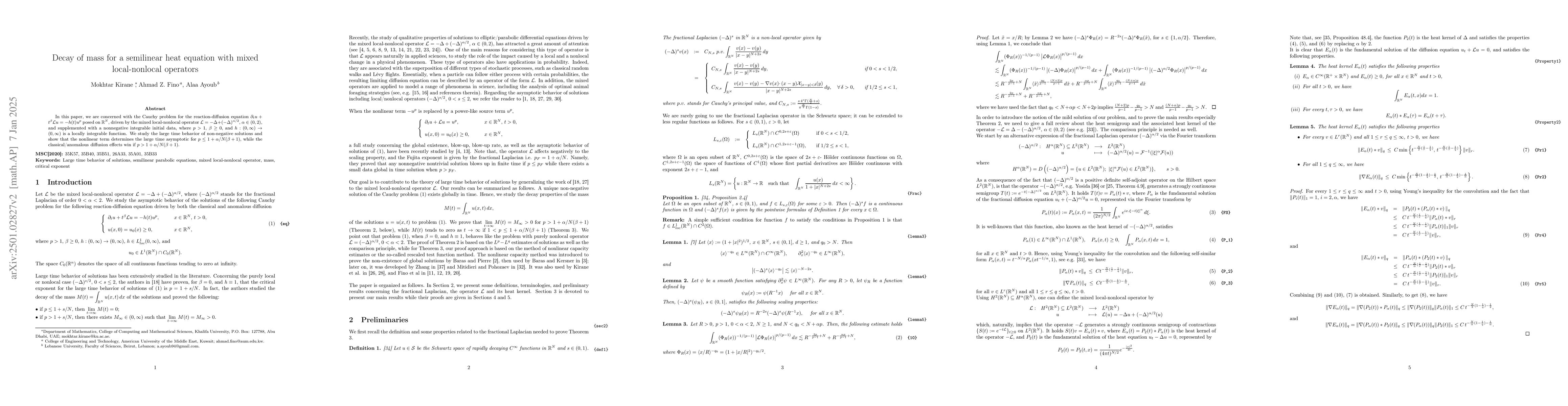 Thumbnail for Decay of mass for a semilinear heat equation with mixed local-nonlocal
  operators