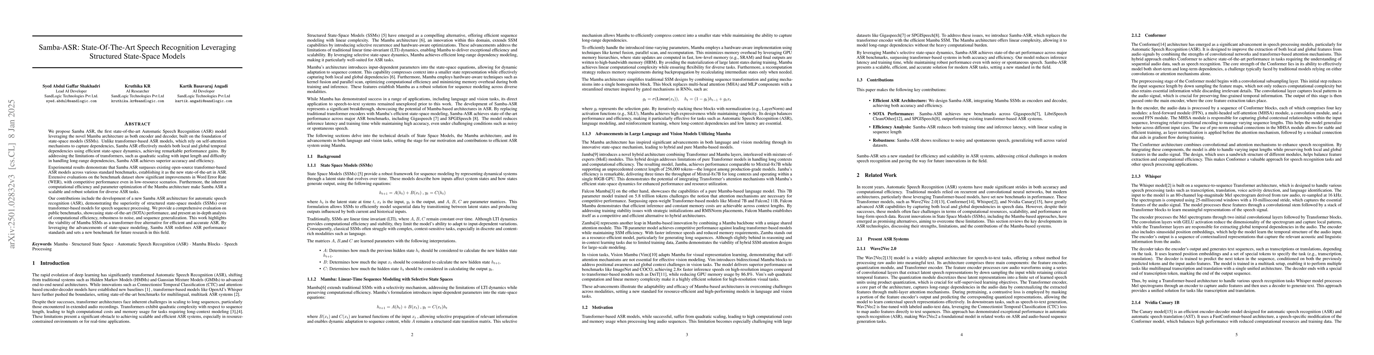 Thumbnail for Samba-ASR: State-Of-The-Art Speech Recognition Leveraging Structured
  State-Space Models