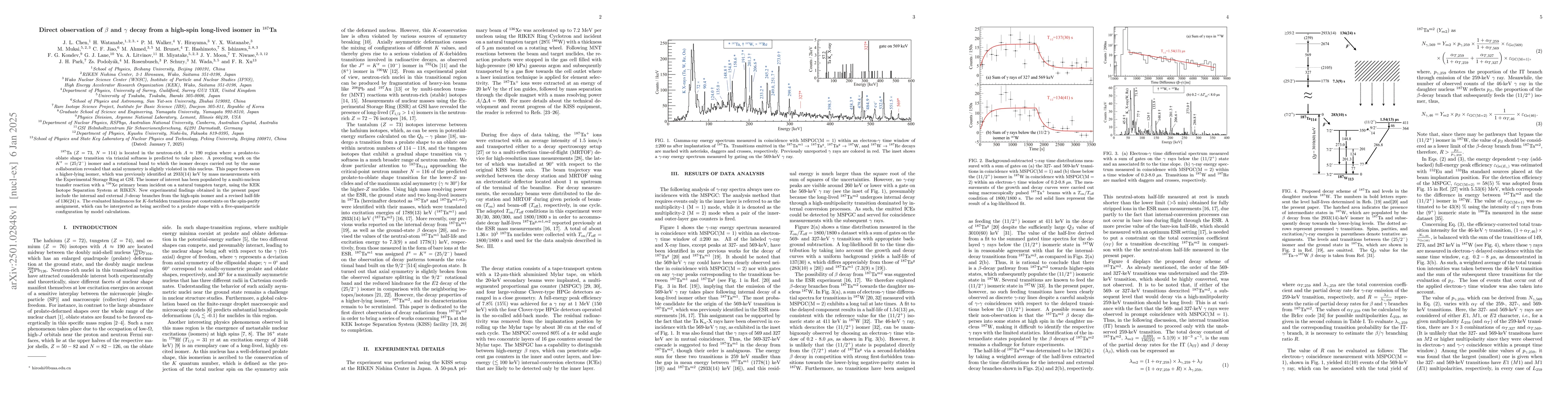 Thumbnail for Direct observation of $β$ and $γ$ decay from a high-spin
  long-lived isomer in $^{187}$Ta