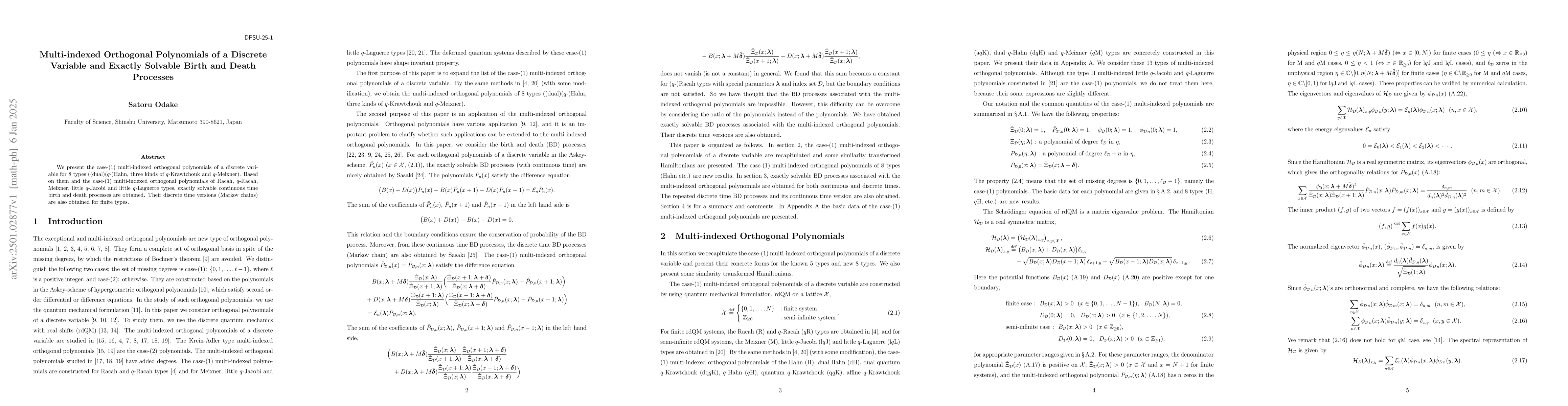 Thumbnail for Multi-indexed Orthogonal Polynomials of a Discrete Variable and Exactly
  Solvable Birth and Death Processes