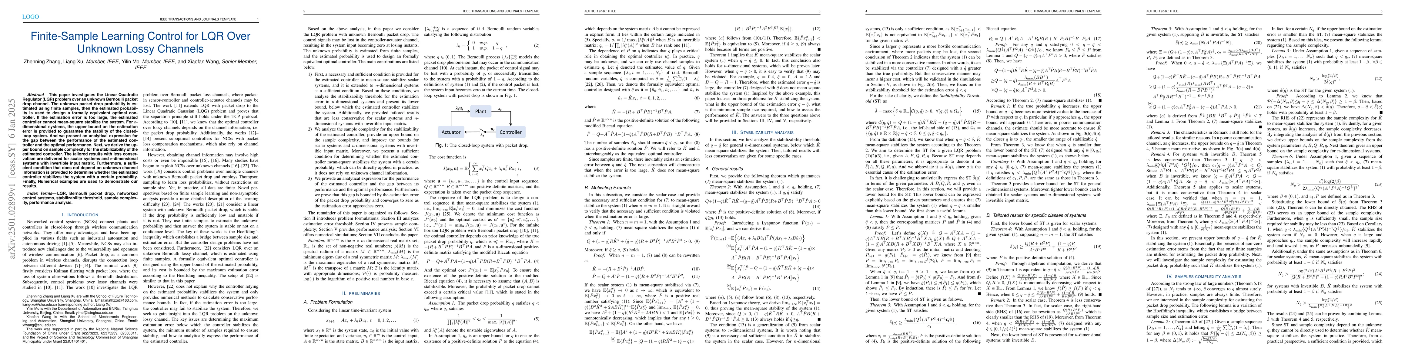 Thumbnail for Finite-Sample Learning Control for LQR Over Unknown Lossy Channels