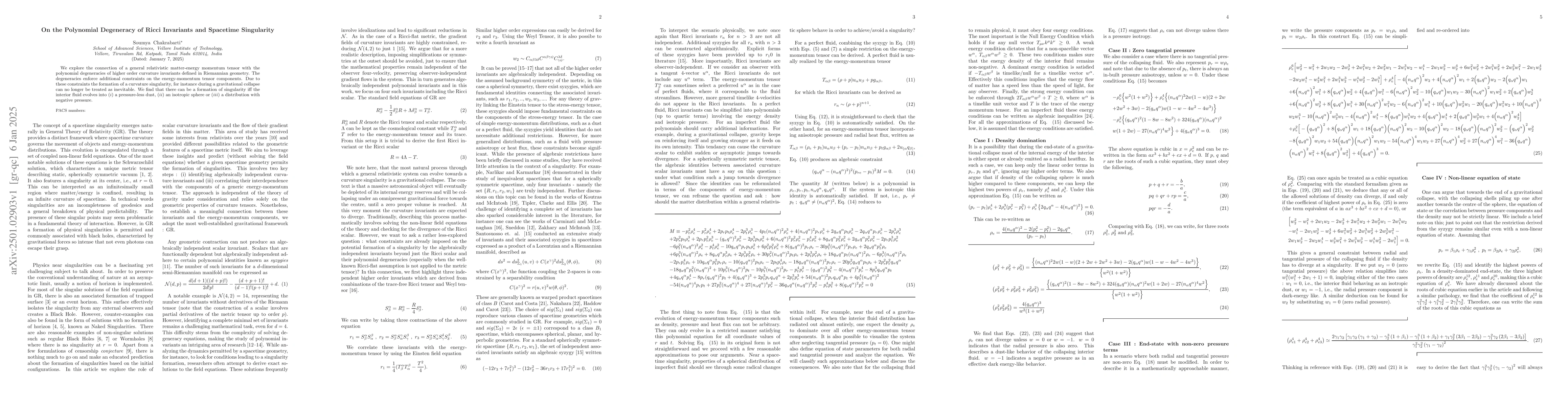 Thumbnail for On the Polynomial Degeneracy of Ricci Invariants and Spacetime
  Singularity