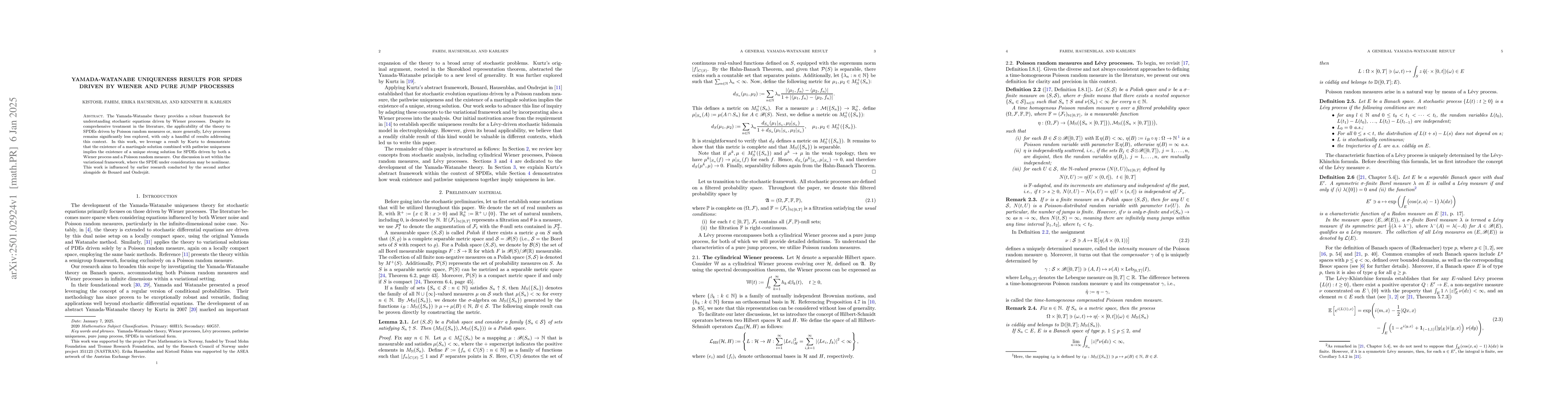 Thumbnail for Yamada-Watanabe uniqueness results for SPDEs driven by Wiener and pure
  jump processes
