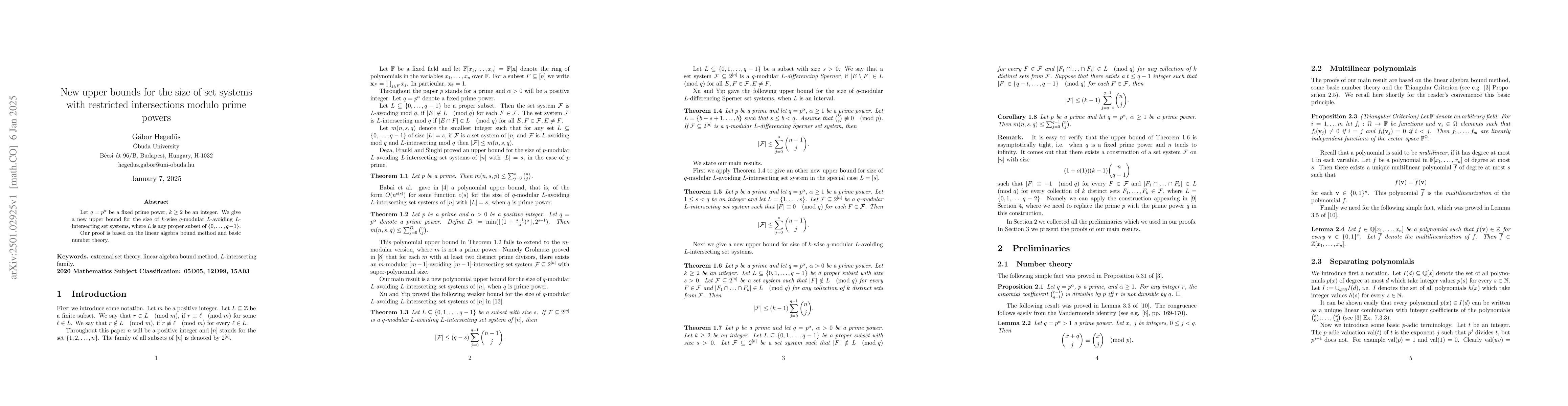 Thumbnail for New upper bounds for the size of set systems with restricted
  intersections modulo prime powers