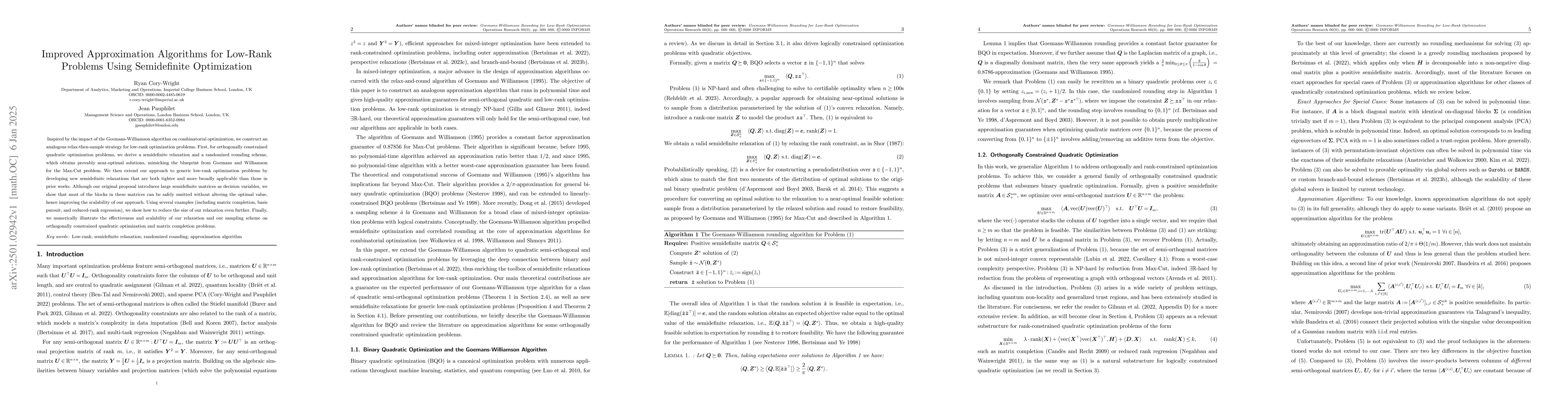 Thumbnail for Improved Approximation Algorithms for Low-Rank Problems Using
  Semidefinite Optimization