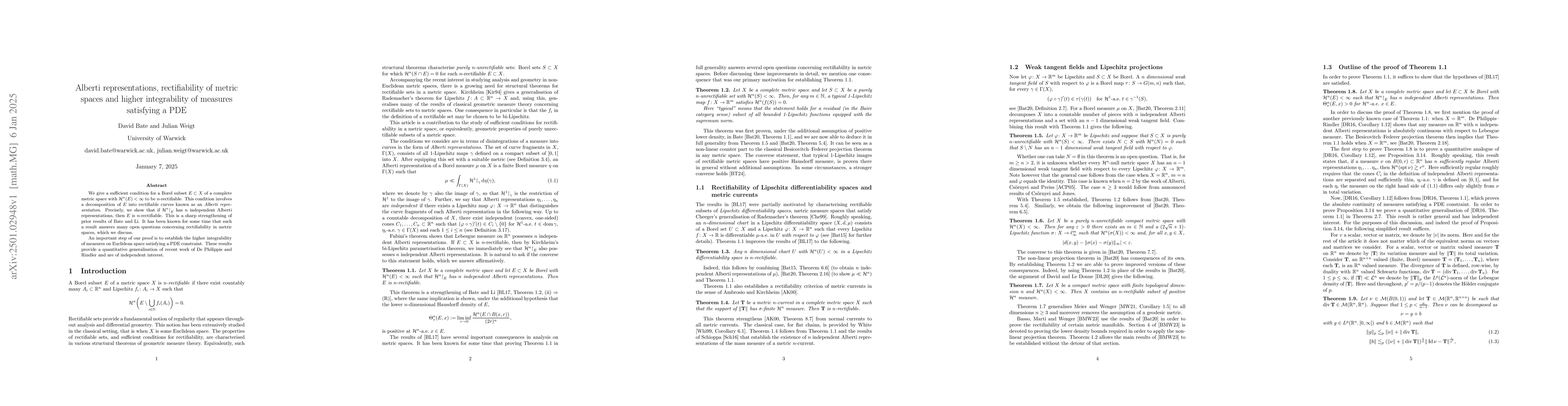 Thumbnail for Alberti representations, rectifiability of metric spaces and higher
  integrability of measures satisfying a PDE