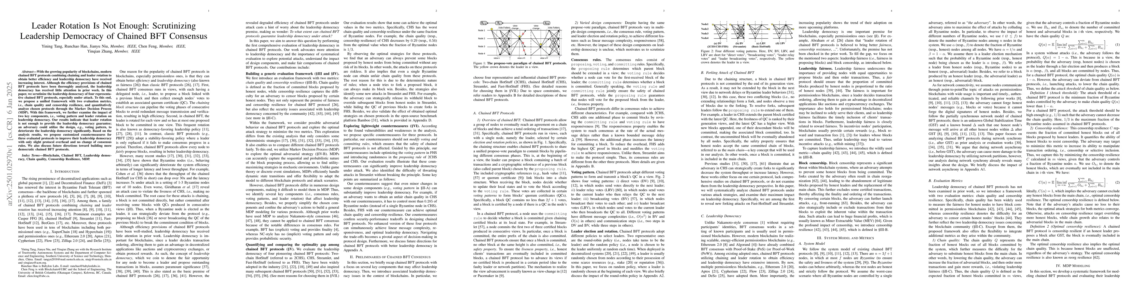 Thumbnail for Leader Rotation Is Not Enough: Scrutinizing Leadership Democracy of
  Chained BFT Consensus