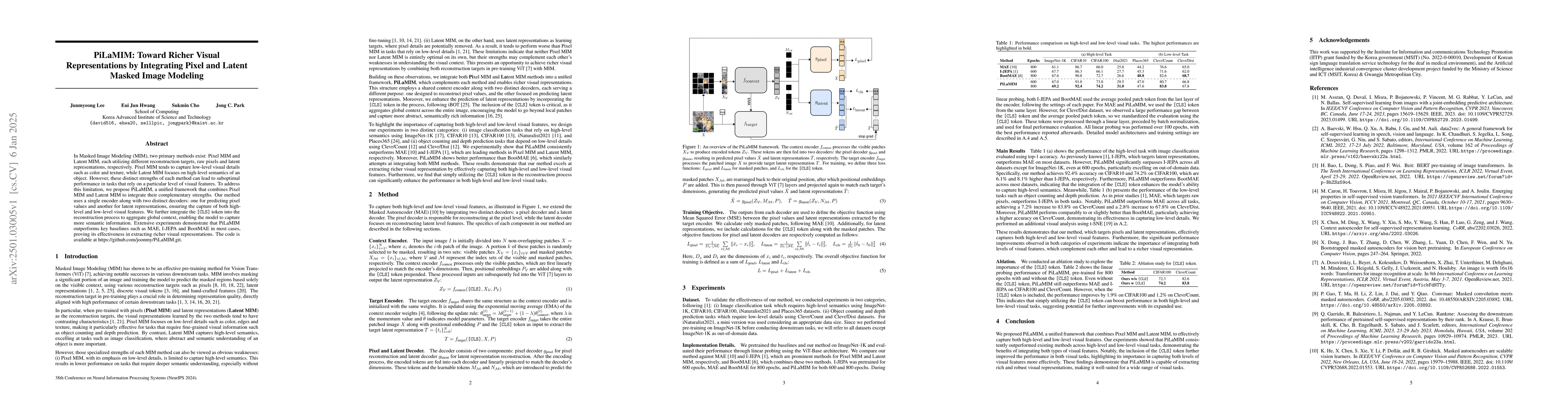 Thumbnail for PiLaMIM: Toward Richer Visual Representations by Integrating Pixel and
  Latent Masked Image Modeling