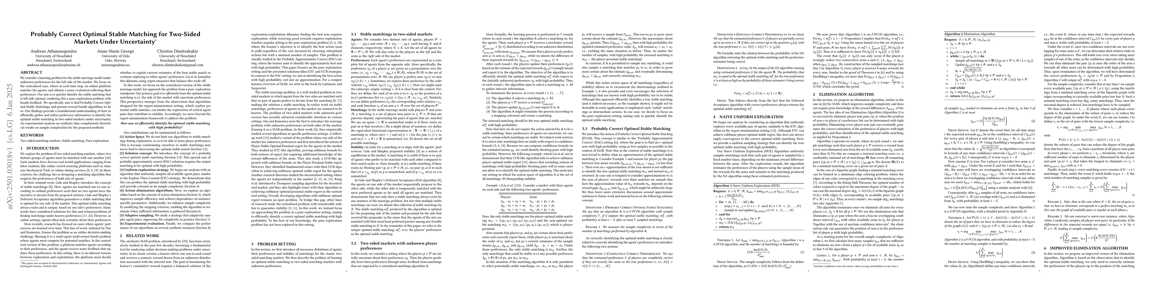 Thumbnail for Probably Correct Optimal Stable Matching for Two-Sided Markets Under
  Uncertainty