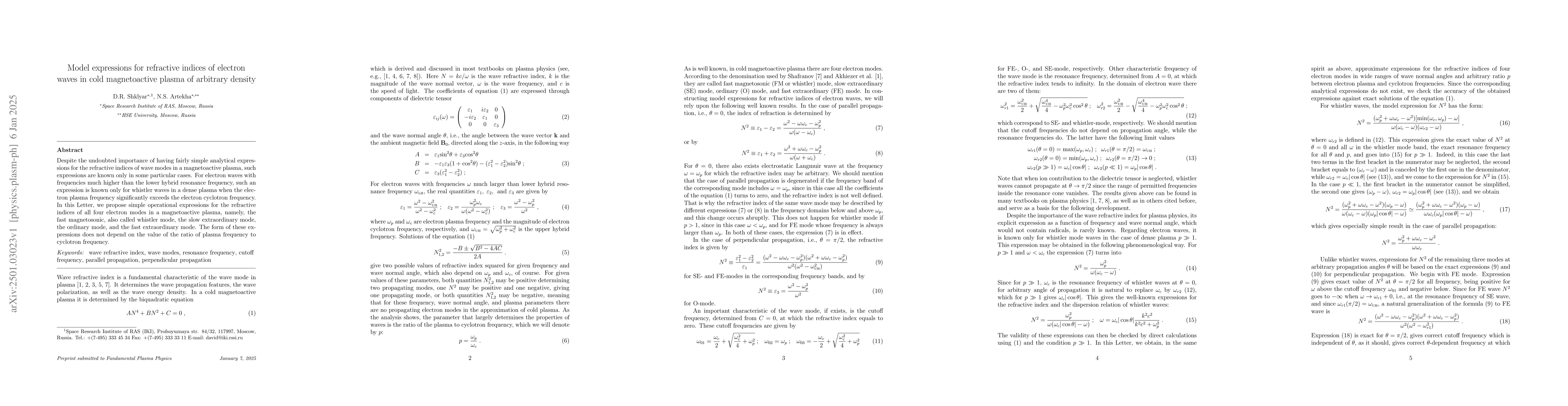 Thumbnail for Model expressions for refractive indices of electron waves in cold
  magnetoactive plasma