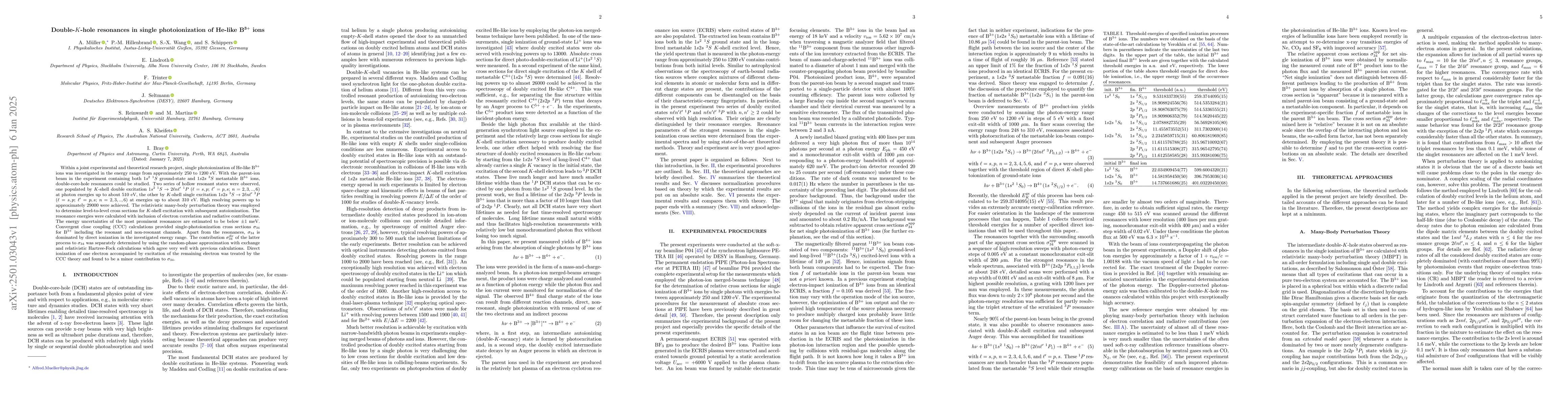 Thumbnail for Double-$K$-hole resonances in single photoionization of He-like B$^{3+}$
  ions